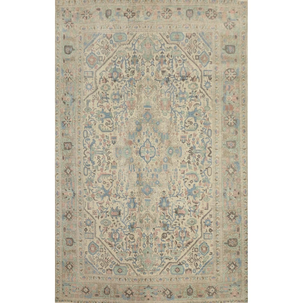 Hand Knotted Oriental 100% Wool Carpet Traditional Floral Beige & Ivories Tabriz Area Rug - 10' 7'' X 7' 9''