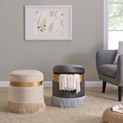 NPD Furniture Suri Velvet Fabric Fringe Round Storage Ottoman