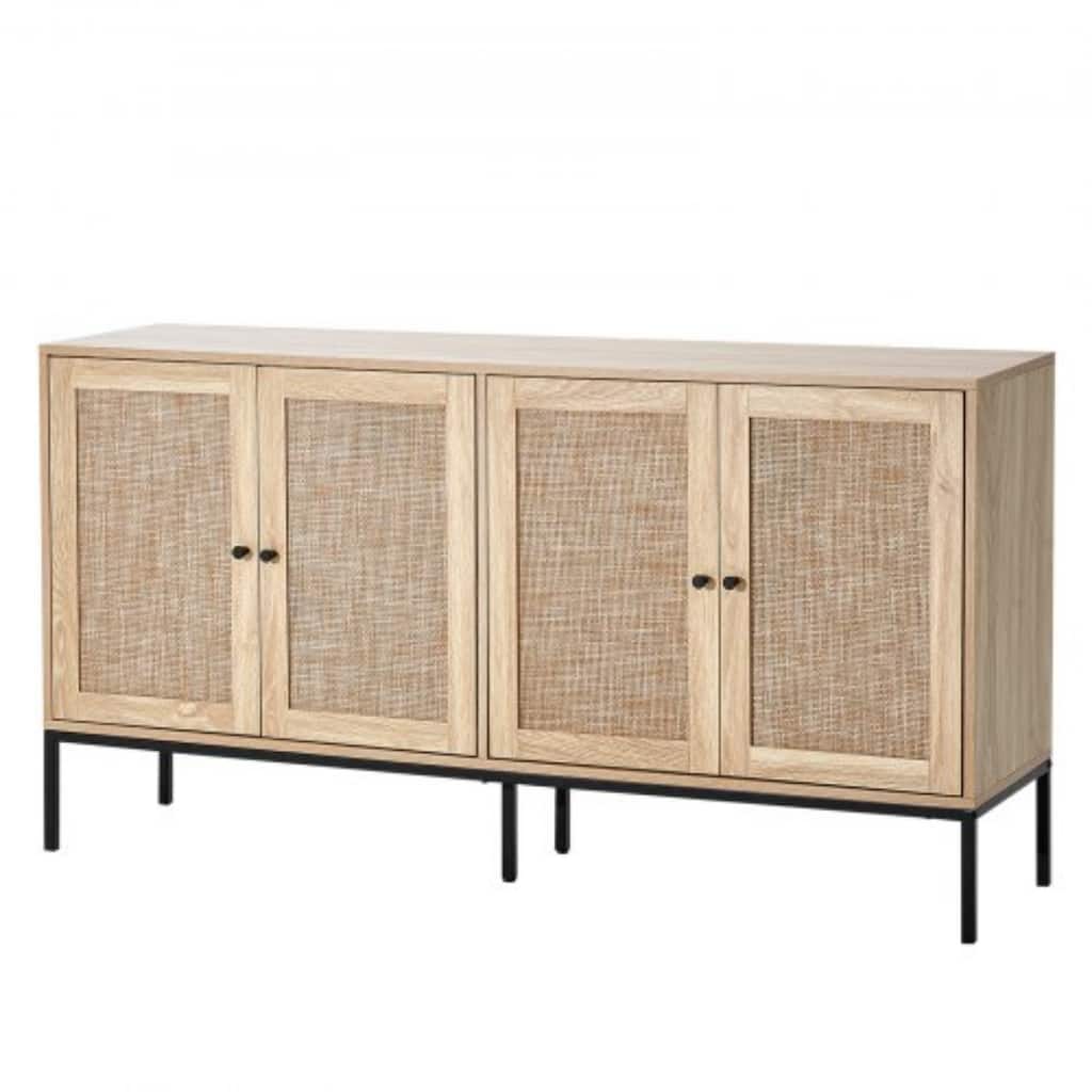 59 Inch Freestanding Rattan Cabinet with 4 Doors and Adjustable Shelves Sturdy Wood Sideboard Unit - 59.1 x 14.1 x 31.5 in