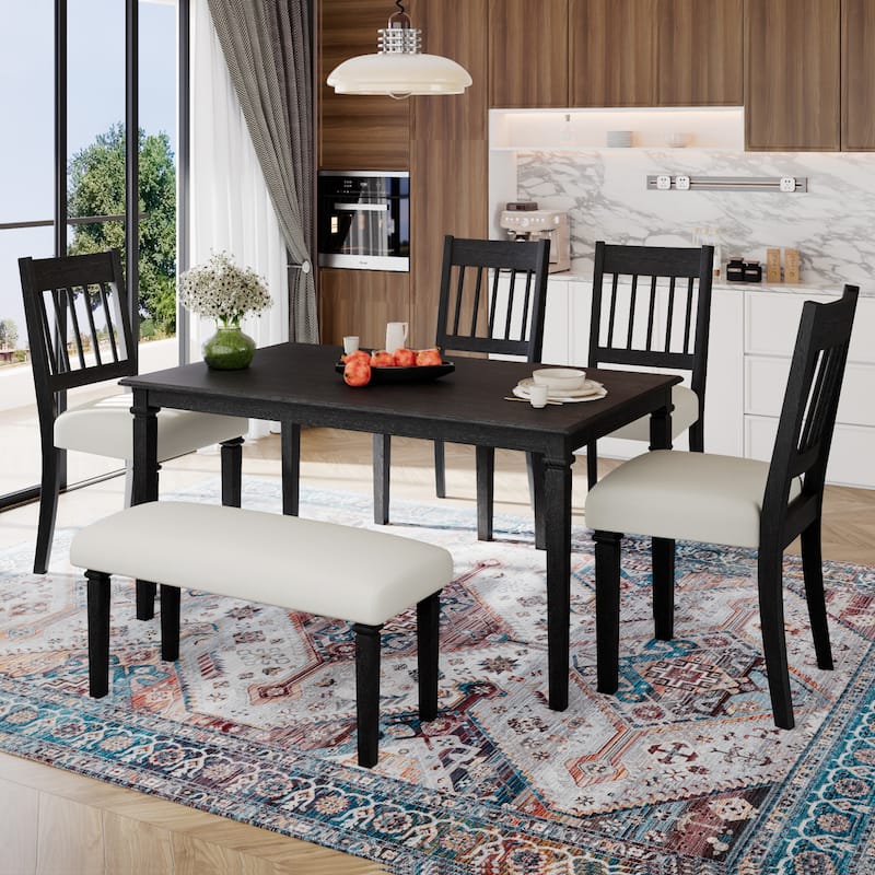 6-Piece Retro Dining Room Set, Classic Kitchen Furniture Set, Wooden Rectangular Table and 4 Chairs with Bench - Grey
