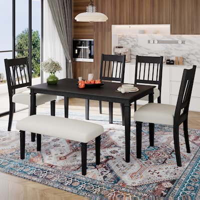 6-Piece Retro Dining Room Set, Classic Kitchen Furniture Set,Wooden Rectangular Table And 4 Chairs With Bench
