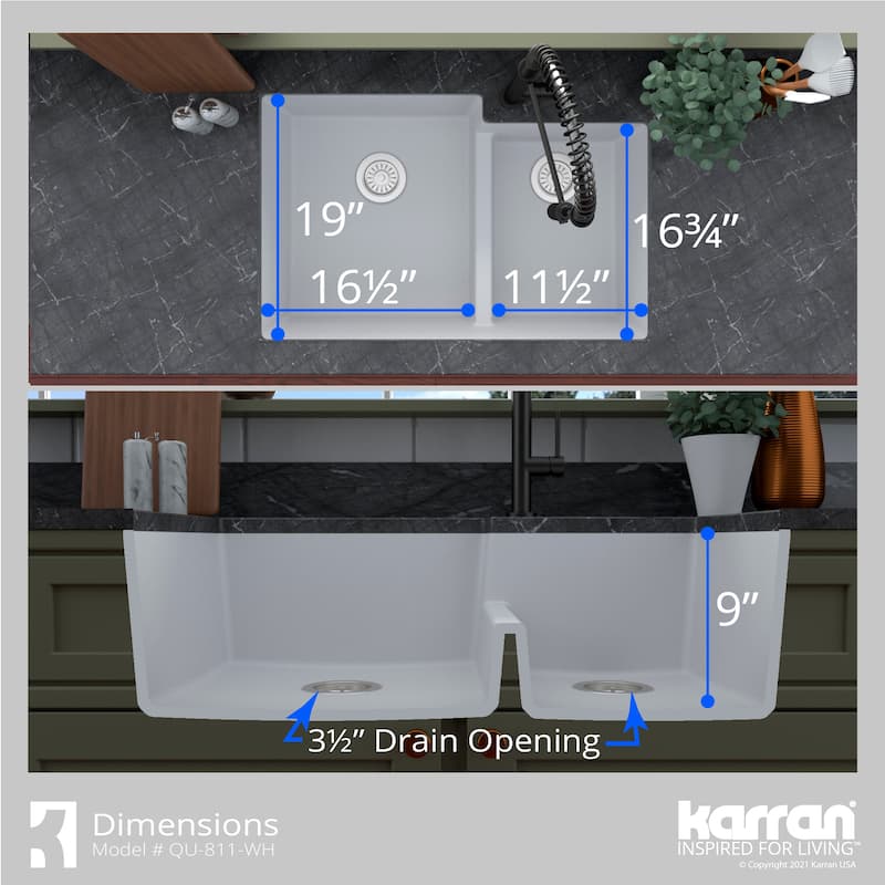 Karran 32" Undermount Large/Small Bowl Quartz Kitchen Sink Kit - 32" x 21.25" x 9"