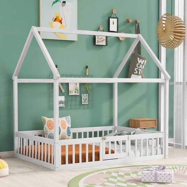 slide 2 of 8, White Full Size Pine Wood House Bed with Fence, Door, and Solid Construction White