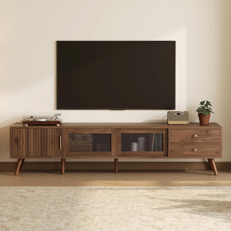 76" Modern Minimalist Glass-Door TV Stand for TVs up to 85 Inches - Natural