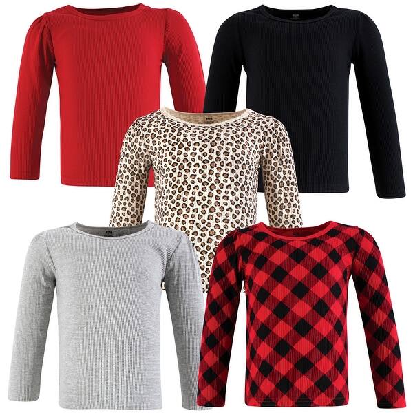 slide 1 of 1, Hudson Baby Girls Thermal Long Sleeve Tees 5pk, Buffalo Plaid Leopard 12-18 Months - Buffalo Plaid/Leopard