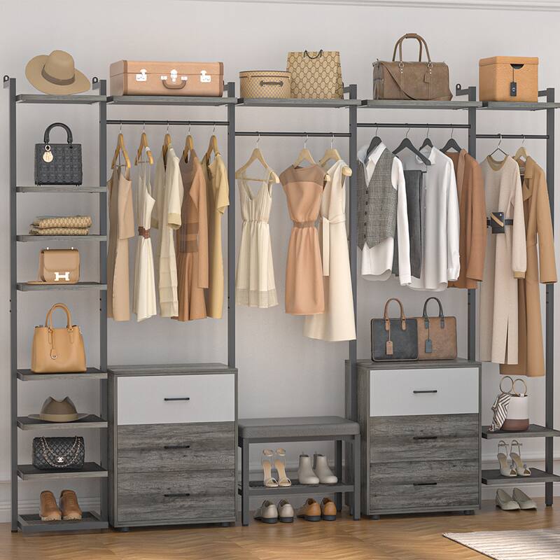 96'' Closet Organizer System with 6 Drawers, Clothing Rack Wardrobe Closet Garment Rack for Walk In Closets - Grey/ Black