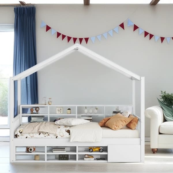 slide 2 of 10, White Twin Size Wood House Bed Kids Bed with Shelves and Mini-Canbinet