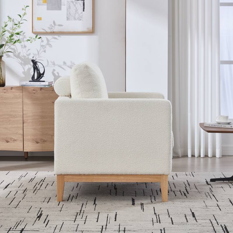 Modern Farmhouse Accent Chair , Wood Base Reading Armchair Single Sofa with Two Bolster Pillows for Living Room