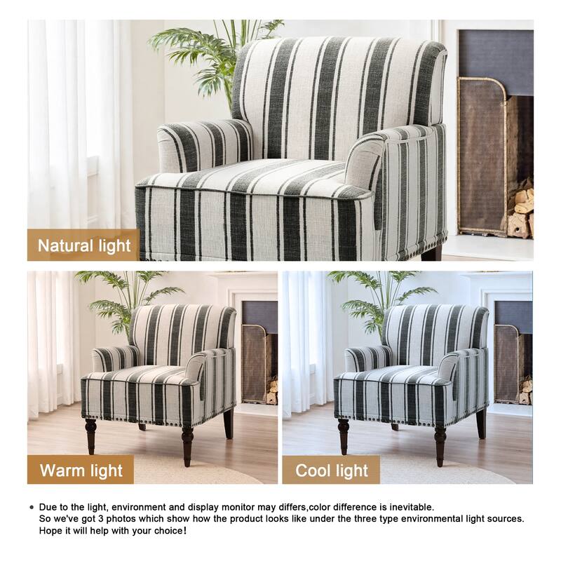 Stripe Linen Accent Arm Chair with Nailhead Trim and Wood Legs