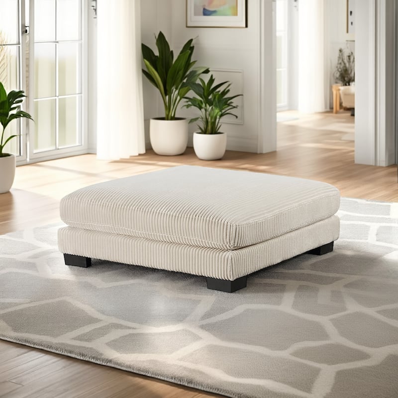 Rix 45 Inch Ottoman, Attached Seat Cushion in Beige Corduroy Fabric, Wood