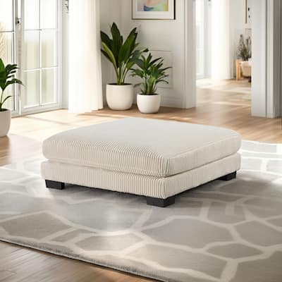 Rix 45 Inch Ottoman, Attached Seat Cushion in Beige Corduroy Fabric, Wood