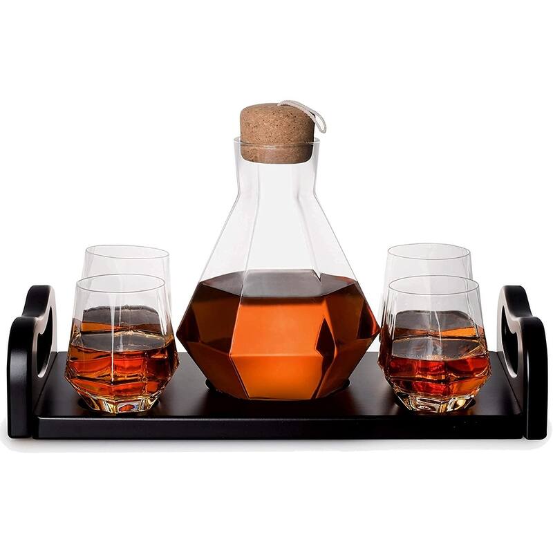 Diamond Decanter with Wood Tray - Set of 4