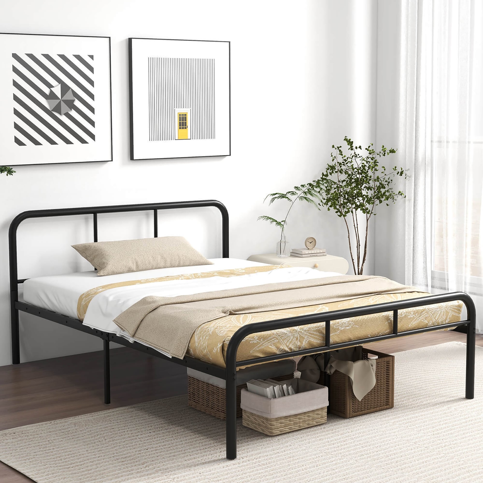 Gymax Full Size Bed Frame Metal Platform Bed Base w/ Headboard &