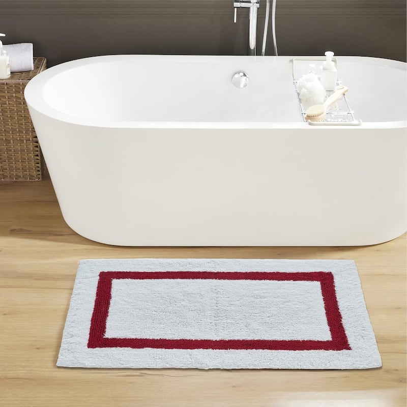 Better Trends Hotel Collection in Race Track 100% Cotton Super Absorbent Reversible Double Sided Machine Washable Bath Mat Rug - 24" x 40" Rectangle - White & Red