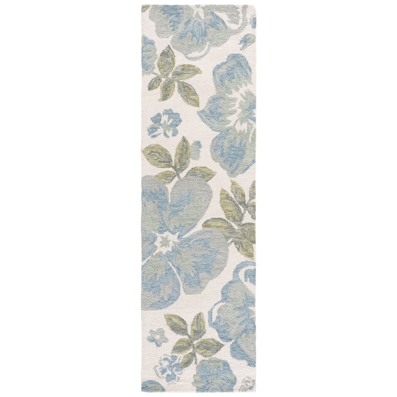 SAFAVIEH Handmade Jardin Florinka Floral Wool Rug - 2'3" x 8' Runner - Ivory/Blue