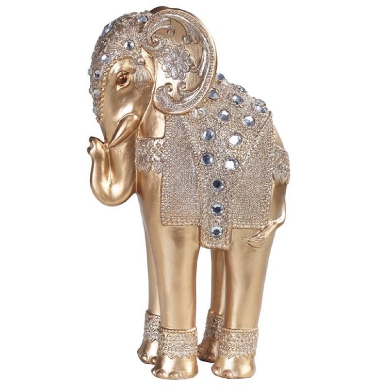Q-Max 9.5"H Standing Elephant with Gem Statue Slim Elephant in Gold and Silver Feng Shui Decoration Figurine