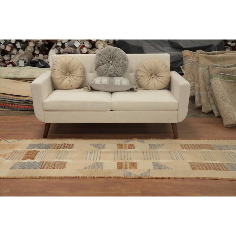 Hand Woven Oriental 100% Wool Carpet Southwestern Tribal Beige & Ivories Kilim Runner Rug - 9' 6'' X 2' 10''