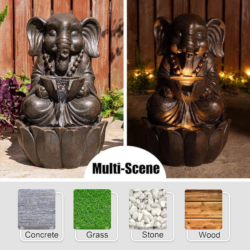 Glitzhome Polyresin Meditating Buddha Frog/Elephant Statue Outdoor Water Fountain with LED Lights