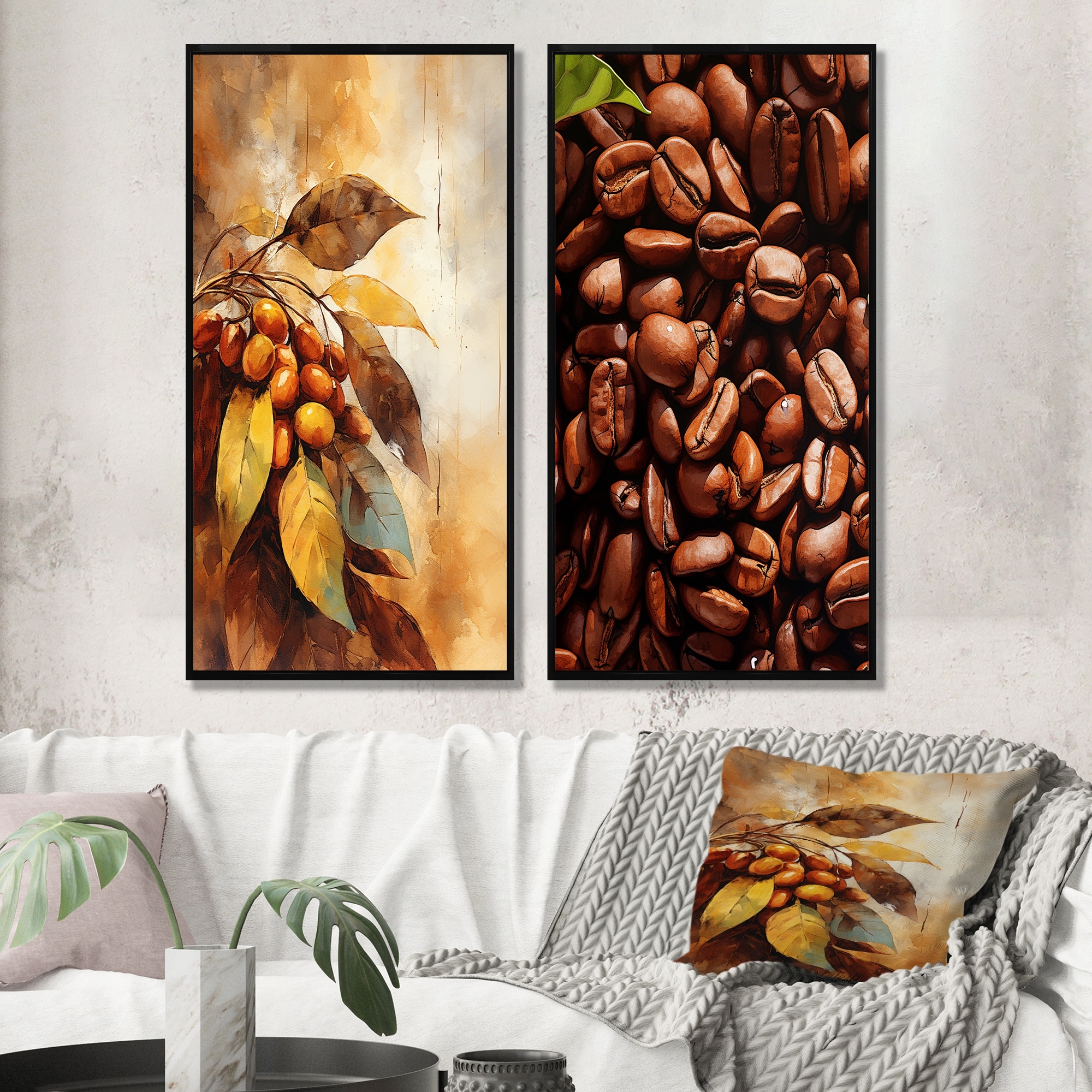 Designart "Coffee Bean Minimal Harmony" Coffee Framed Art Set Of 2 - Traditional Wall Art Set Brown Wall Decor 2 Pieces