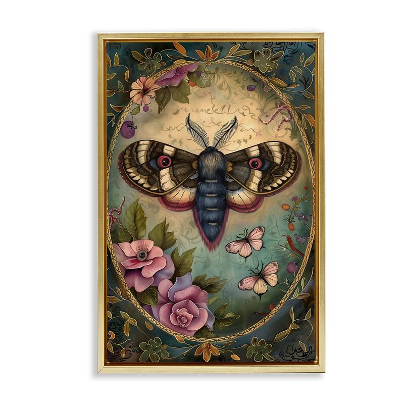 Stupell Vintage Moth & Floral Border Framed Floater Canvas Wall Art Design By The Dutch Lady - 17 x 25 - Gold