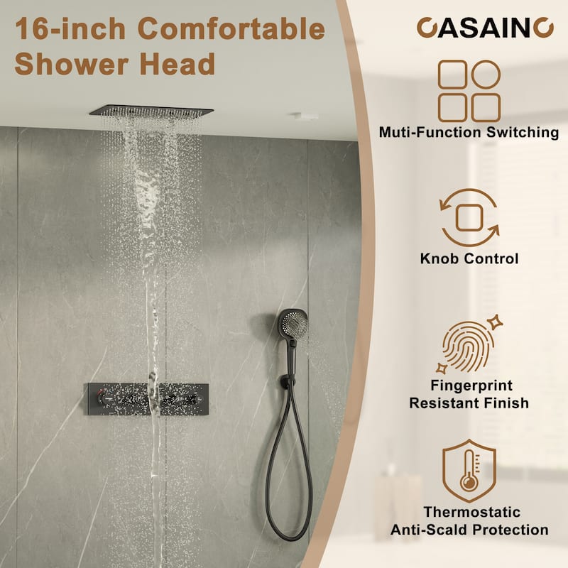 Luxury Thermostatic Shower System 3-Spray Patterns Ceiling Mount Fixed Rain Waterfall Shower Head and Handheld Spray Combo