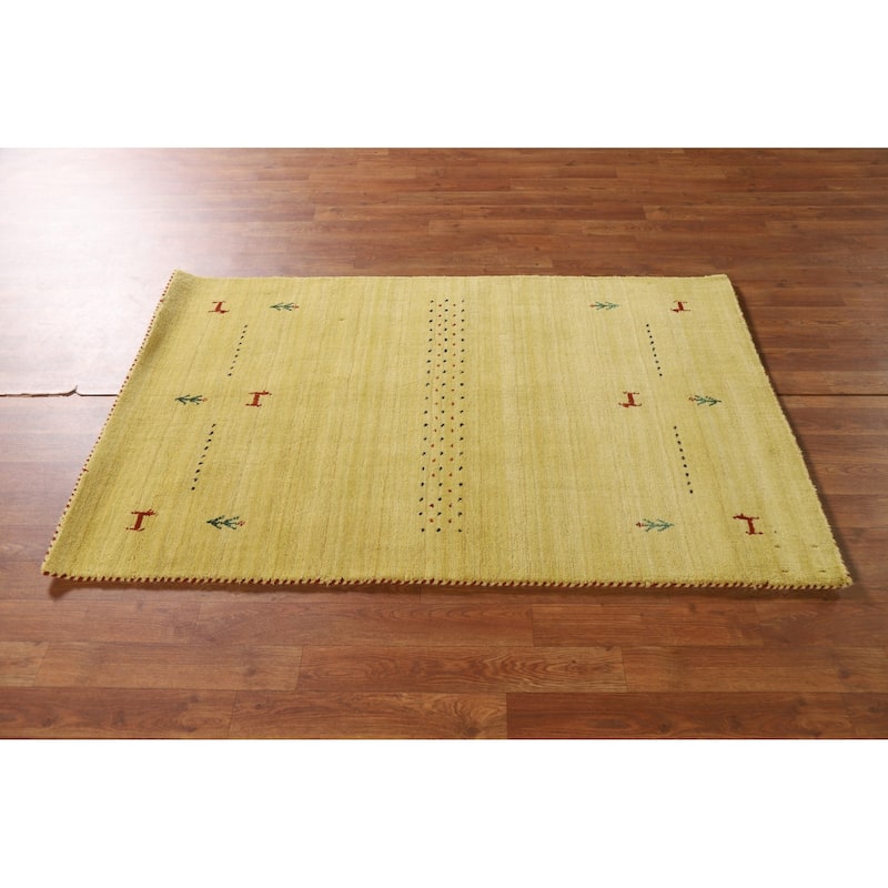 Tribal Gabbeh Area Rug Hand-knotted Green Wool Carpet - 3'2"x 4'11"