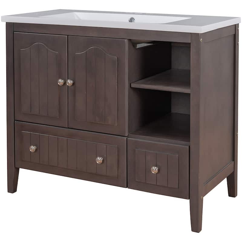 36" Bathroom Vanity with Ceramic Basin - Storage Cabinet with Drawers