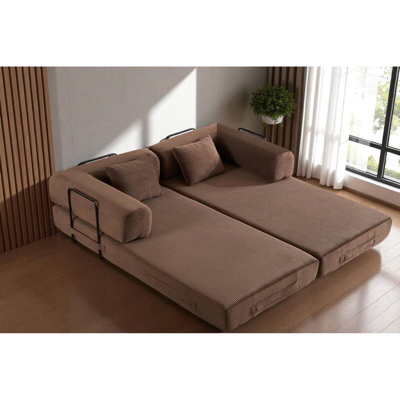 Convertible Corduroy Sleeper Sofa Bed, 4-in-1 Folding Mattress Couch with Cylindrical Pillow & Fixed-Shape Frame, No-Assembly