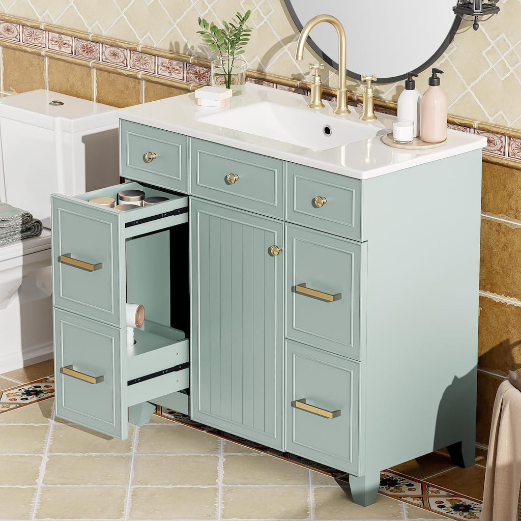 36"Bathroom Vanity with Ceramic Sink, Wood Frame,Soft Close Doors,Adjustable Shelves,3 Drawers,Including Double-Depth Drawer