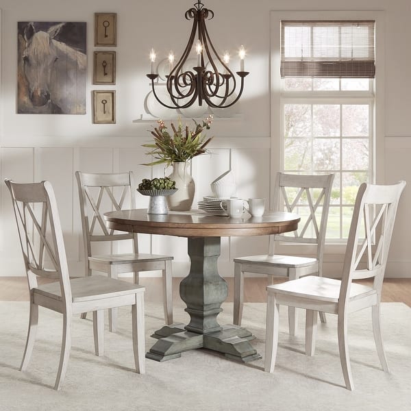 slide 2 of 18, Eleanor Sage Green Round Solid Wood Top Double X Back 5-piece Dining Set by iNSPIRE Q Classic Antique Sage Green Table - Antique White Chairs