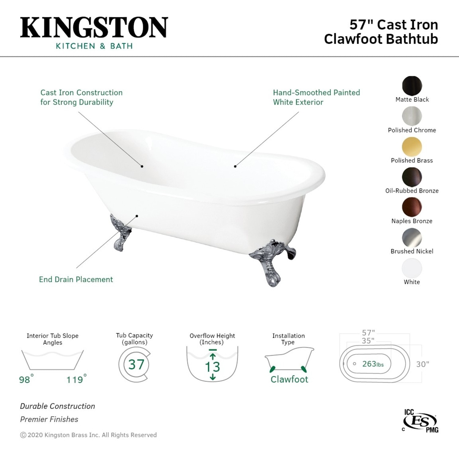 57 inch top clawfoot bathtub