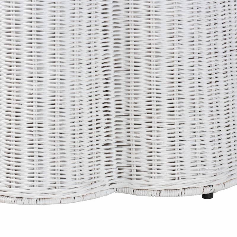 Palm Scallop Natural Rattan Console Table – Handwoven Wicker Round Accent Table for Living Room or Sunroom, Coastal Boho Style