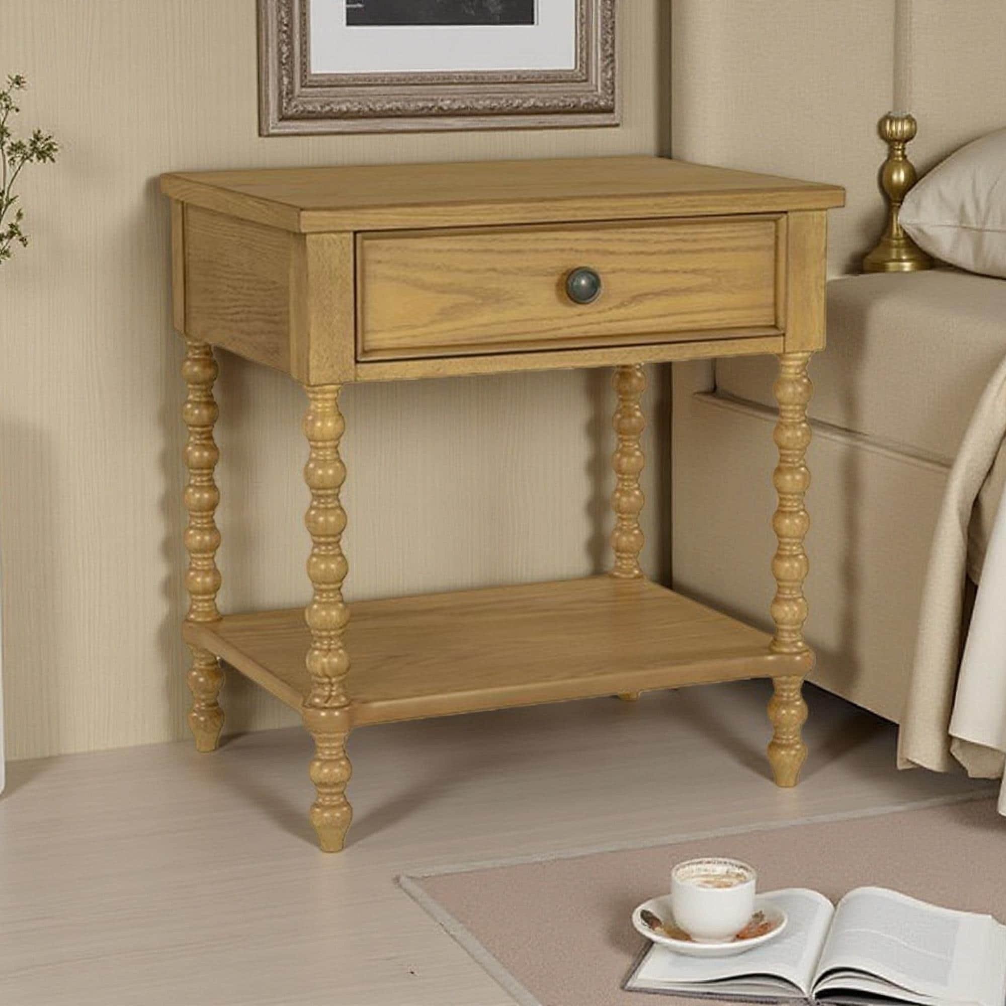 24"L Solid Wood 2-Drawer Nightstand, Turned Legs, Metal Glides