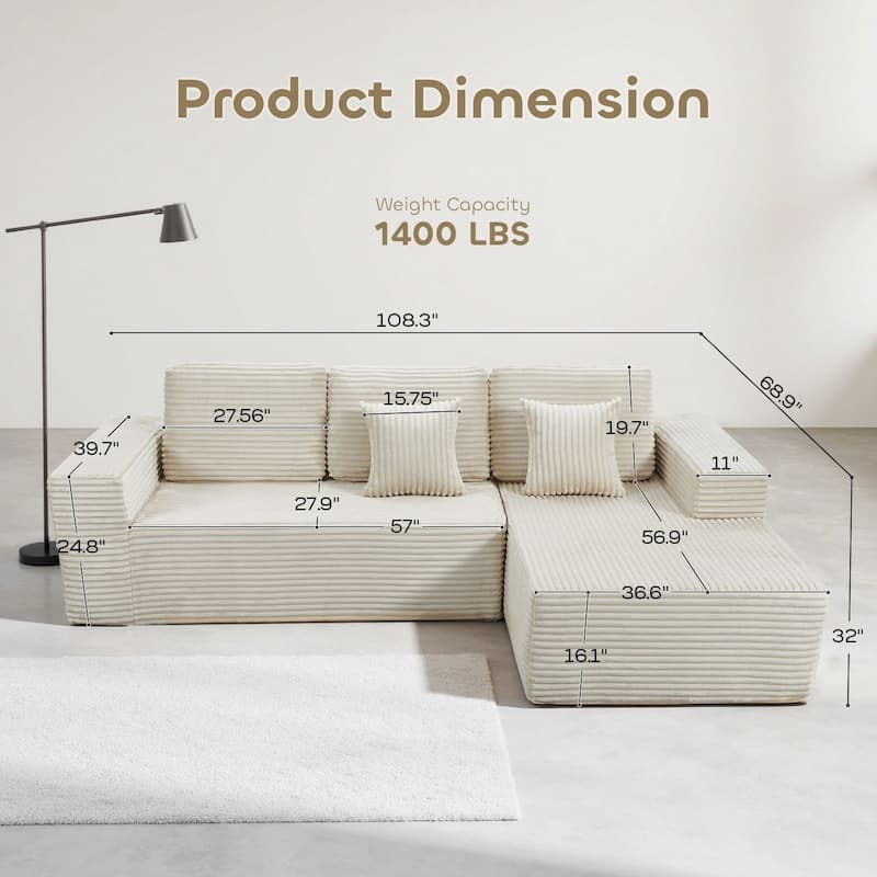 Gymojoy 108" Compressed Sofa Sectional Couch, 1400lbs Weight Capacity L-Shape Chaise Corduroy Couch for Living Room, No Assembly