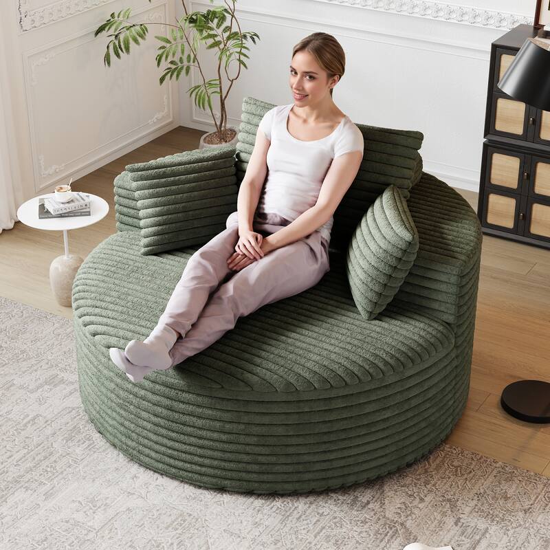 Corduroy Upholstered Single Sofa, Oversized Fluffy Sleeper Chair, Round Reading Chair with Headrest & 2 Pillow
