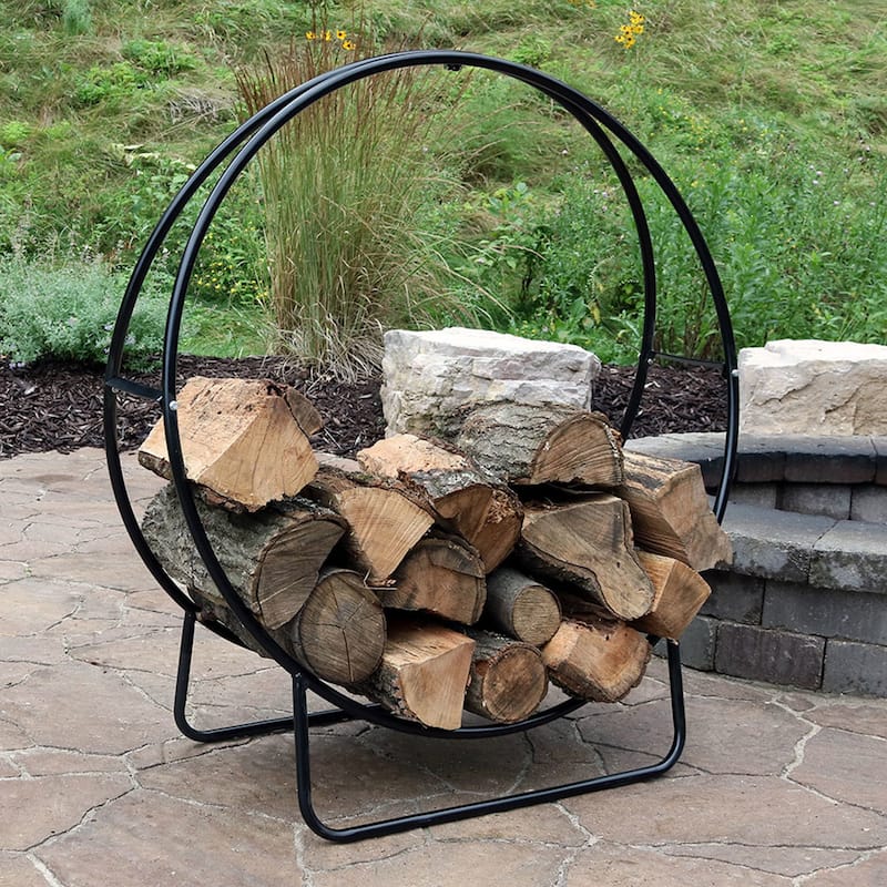 Sunnydaze Firewood Log Hoop Black Steel Easy Access Storage - Multiple Sizes