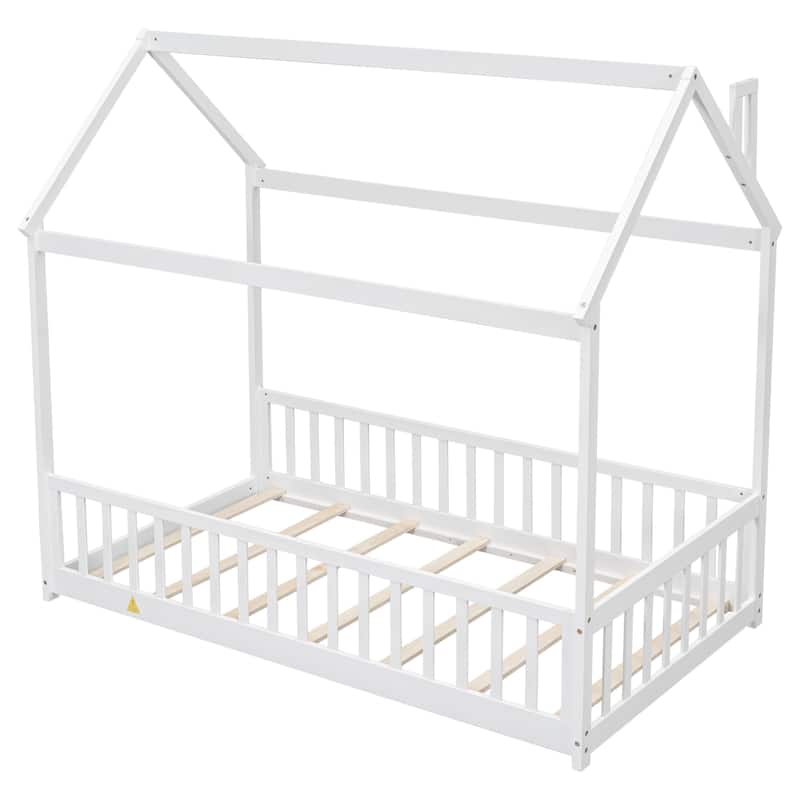 GDFStudio - Harrison American-Style Pine Twin Bed with House Design and Guardrails