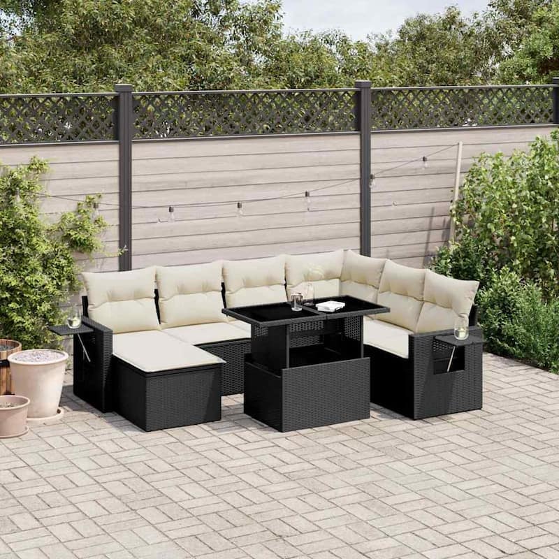 vidaXL Patio Sofa Set with Cushions Outdoor Furniture 9 Piece Poly Rattan - Black and Cream-without storage - 21.7 x 39.4 x 28.7