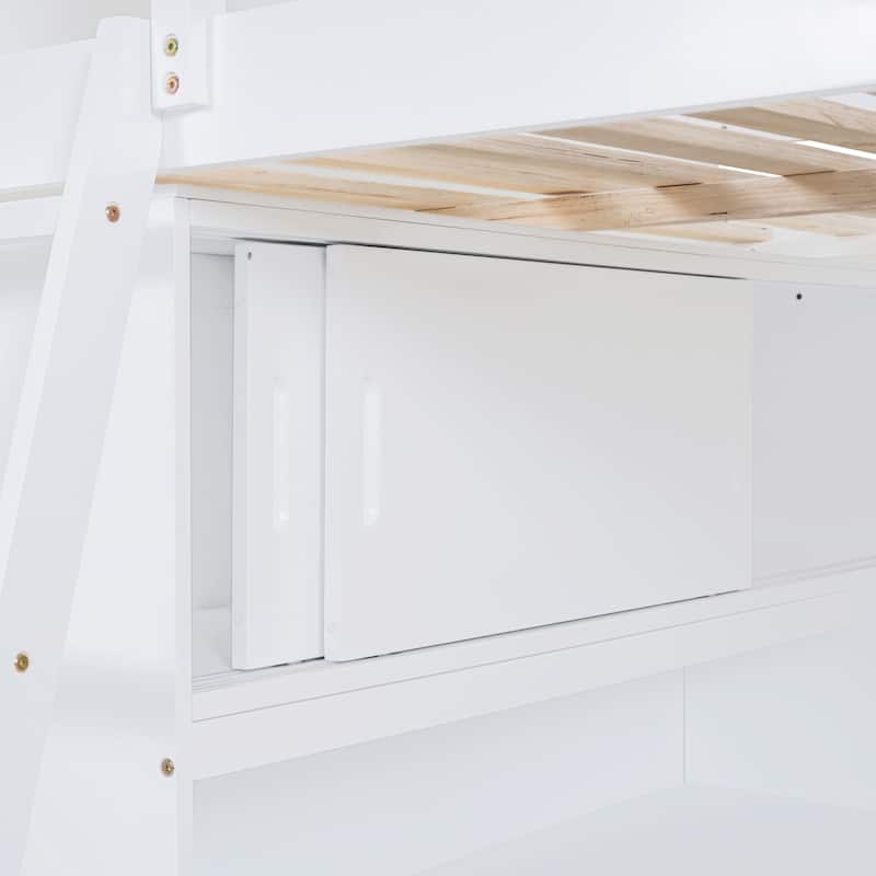 Full Size Loft Bed with L-shaped Desk and Shelfs