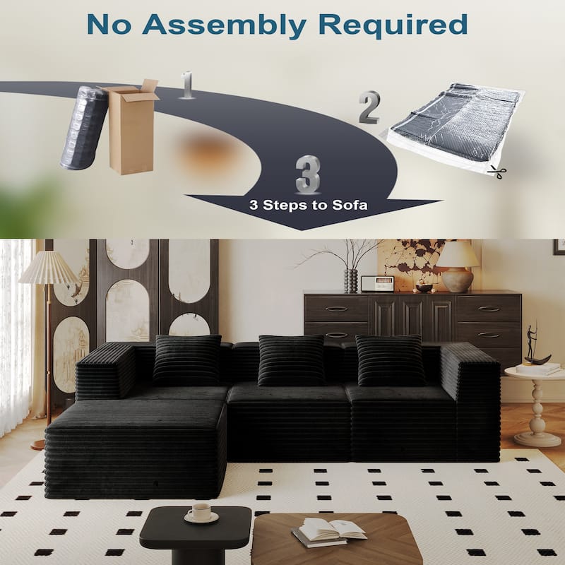 Corduroy Boneless Sectional Couch Floor Deep Seat Sofa with Pillows