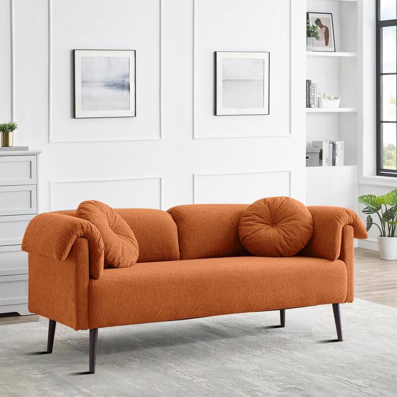 Modern minimalist sofa with pillows and pillowed armrests, metal legs - Brown