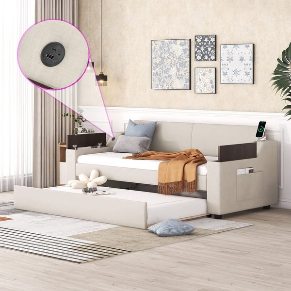 slide 2 of 4, Twin Size Upholstery Daybed with Storage Arms, Trundle and USB Design, Beige(Old SKU:GX000547AAA) Beige