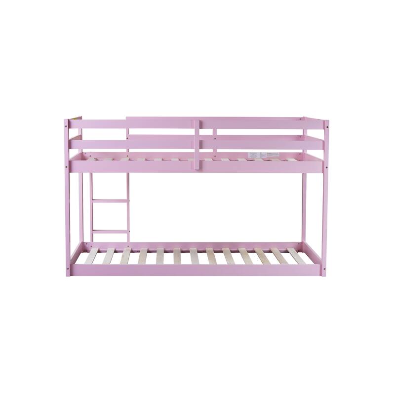 Twin-Over-Twin Rubber Wood Floor Bunk Bed with Strengthened Slats and Safety Guardrails