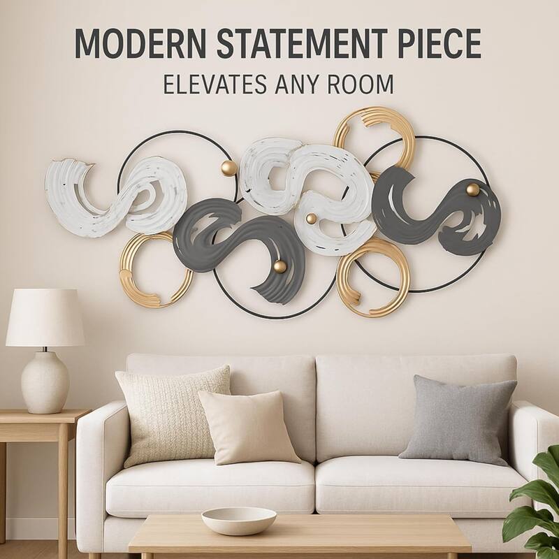 Black White Gold Spiral Metal Wall Art 53x25 Large Landscape Decor