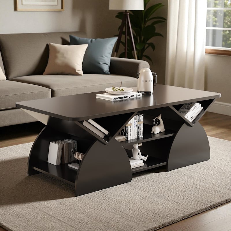47.2'' Modern Engineered Wood Coffee Table with Open Storage Shelves, Rounded Corners & Sturdy Frame for Living Room