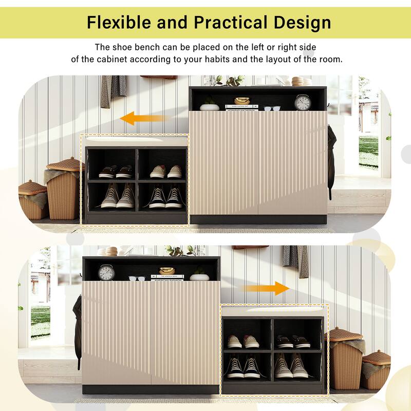 Entryway Shoe Cabinet with Bench, 2-Door Storage Console with Adjustable Shelves, 4 Open Shoe Racks & Cushion