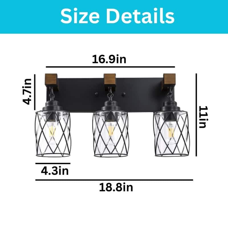 3 Light bathroom light fixtures black wall sconces glass, metal, wood wall light
