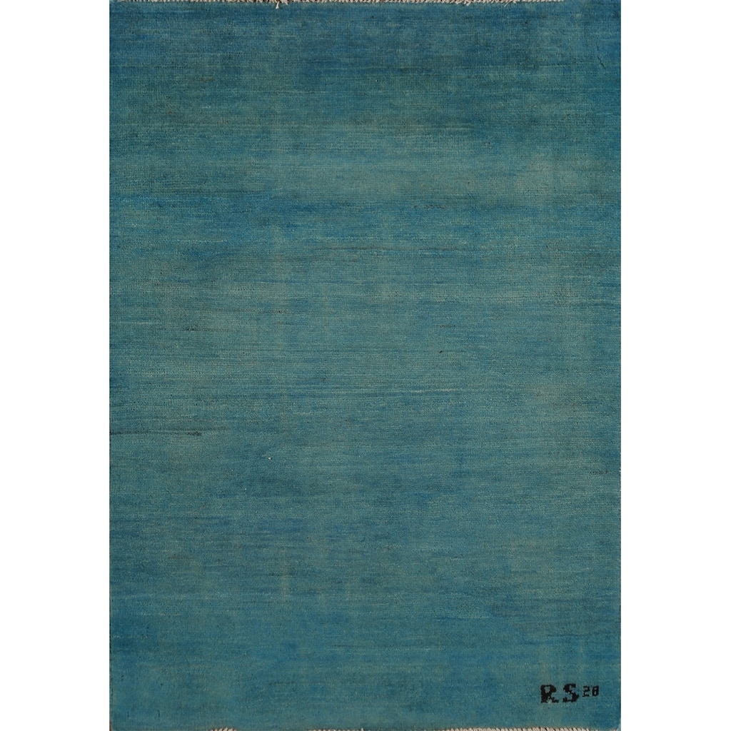 Blue Green Gabbeh Modern Rug Hand-Knotted Wool Carpet - 2'10" x 4'0"