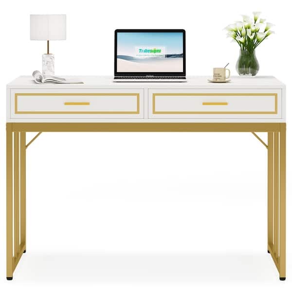 White Gold Vanity Desk With 2 Drawers Modern Makeup Dressing Table 41.7
