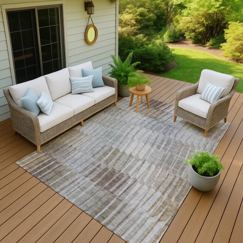 Machine Washable Indoor/ Outdoor Casual Stripe Chantille Rug - Taupe - 10' x 14'